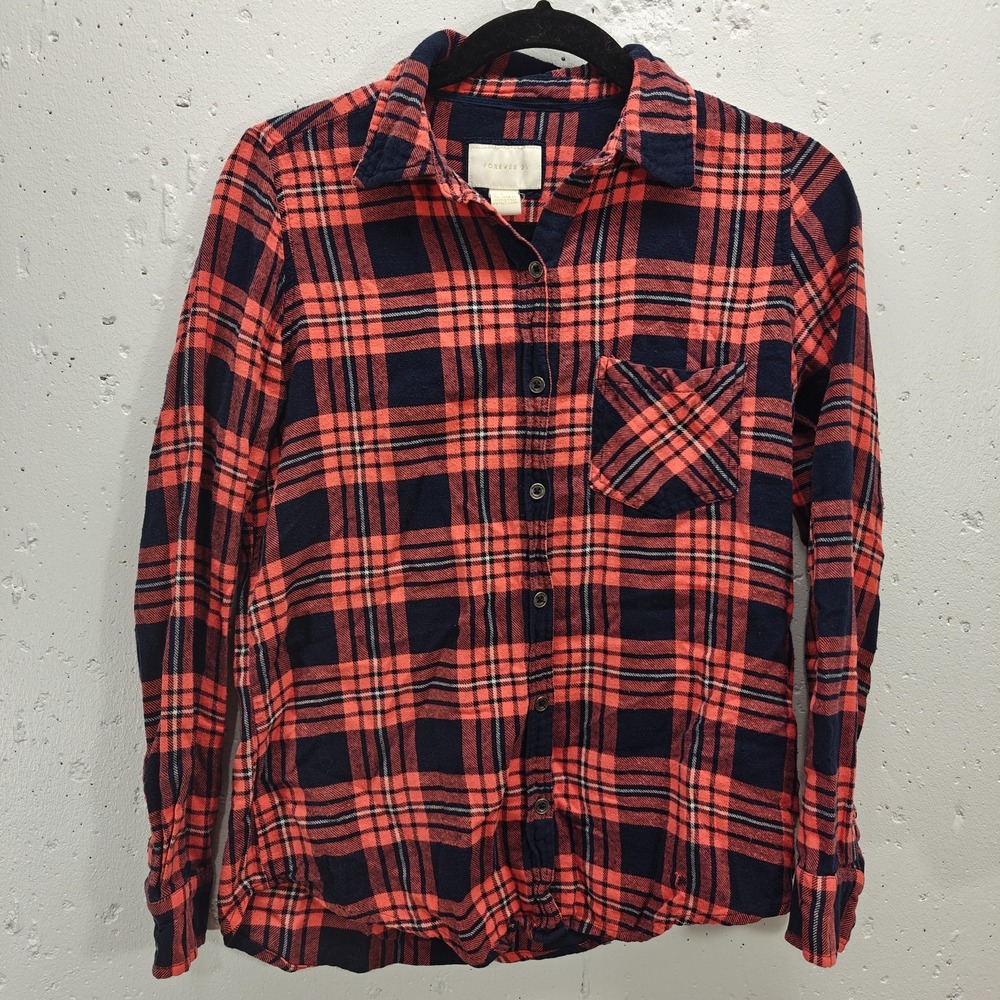 Forever 21 Top Womens Small Navy Salmon Plaid Flannel Button Down‎